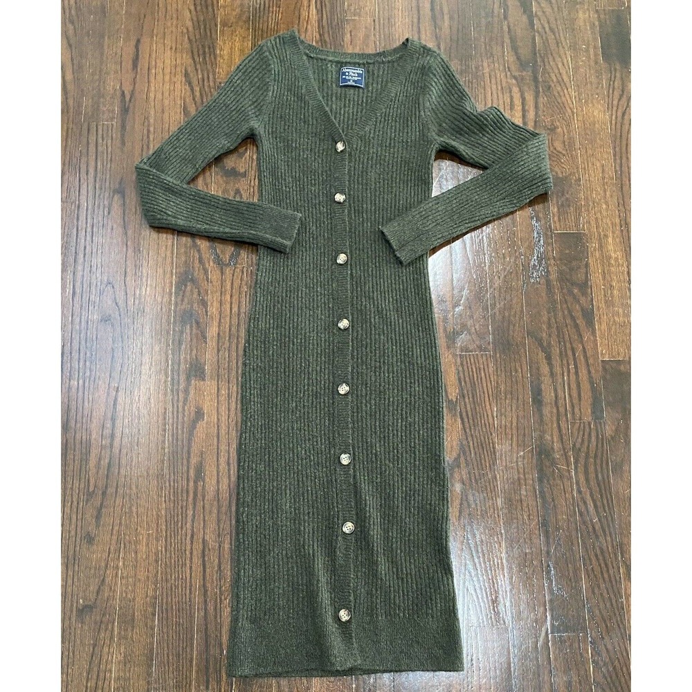 ABERCROMBIE & FITCH Button Up Ribbed Midi Sweater Dress Green Size M Long Sleeve